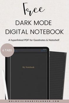 the dark moded digital notebook with text overlay