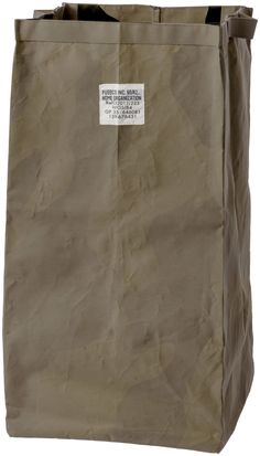 a brown paper bag with a tag on it's front and back side,