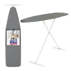 the ironing board is next to an ironing board with it's cover