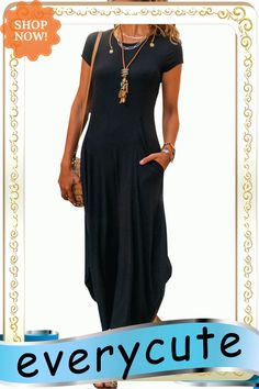 Black Crew Neck Short Sleeve Maxi Dress Black Solid Color Maxi Dress For Vacation, Elegant Black Maxi Dress With Pockets, Casual Solid Color Maxi Dress For Evening, Black Maxi Dress With Pockets, Casual Maxi Dress For Night Out, Black Solid Color Maxi Dress For Day Out, Fitted Black Casual Maxi Dress, Casual Black Maxi Dress For Day Out, Casual Fitted Black Maxi Dress