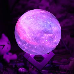 the moon lamp is lit up in purple and pink colors, with an animal figurine next to it