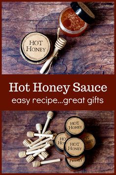 the words hot honey sauce are on top of some wine corks