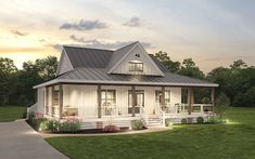 this is a computer rendering of the front elevation of a farmhouse style home with porches and wraparound porches