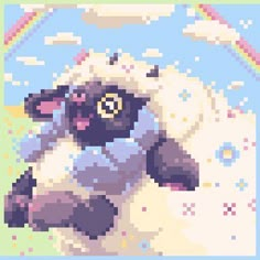 a pixelated image of a sheep with a rainbow in the background