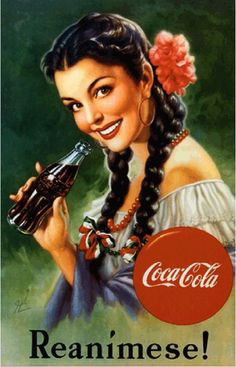 an advertisement for coca cola featuring a woman holding a coke - cola bottle and smiling