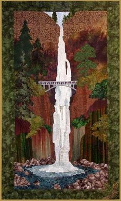 a painting of a waterfall with a bridge in the middle and trees around it,