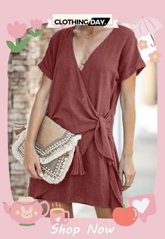 V-neck Solid Color Knotted Dress Summer V-neck Wrap Dress For Brunch, Casual V-neck Midi Dress With Tie Waist, Casual V-neck Dress With Tie Waist And Short Sleeves, V-neck Wrap Dress With Tie Waist For Vacation, Vacation V-neck Wrap Dress With Tie Waist, Vacation Wrap Dress With Tie Waist And V-neck, Summer Beach V-neck Dress With Tie Waist, V-neck Wrap Dress With Tie Waist For Day Out, V-neck Tie Waist Dress For Vacation