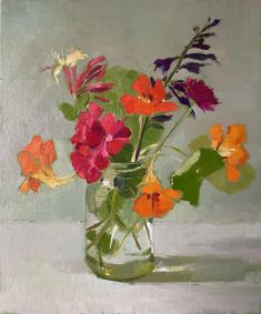 an oil painting of flowers in a vase