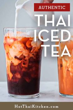 thai iced tea being poured into two glasses with text overlay reading authentic thai iced tea