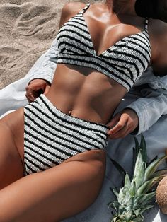 Striped V-Neck Two-Piece Swim Set - SHANKARA CHÉRIE Prime Women, Black And White Contrast, Striped Swimwear, Asa Delta, Backless Bra, Swimsuit Black, Two Piece Swimwear, Summer Girl, Swim Sets