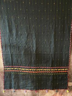 Black cotton dupatta with Aplique and kantha work Black Bohemian Embroidered Fabric For Festive Occasion, Black Dupatta With Motifs For Festival, Black Festival Dupatta With Motifs, Black Motif Dupatta For Festivals, Handloom Cotton Dupatta For Festival, Cotton Dupatta With Multicolor Embroidery And Woven Motifs, Handloom Cotton Dupatta With Multicolor Embroidery, Black Chikankari Embroidery Dupatta For Festivals, Festive Black Cotton Dupatta