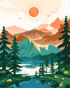 a painting of mountains and trees with the sun in the background