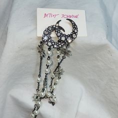 Stunning Black N Iridescent N Pearl Moon N Star Dangle Betsey Johnson Earrings Party Jewelry With Moon Charm, Sparkly Lipstick, Scorpion Earrings, Vampire Earrings, Honey Bee Earrings, Sugar Skull Earrings, Crystal Heart Earrings, Betsey Johnson Earrings, Bling Earrings