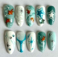 Marine Nails, Fish Nails, Nails Medium Almond, Nails Beach, Kutek Disney, Press On Nails Medium, Medium Almond, Nails 3d