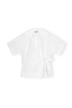 This White Cotton Poplin Wrap Blouse features a v-neckline, collar, short sleeves and a tie band closure. GANNI White CottonPoplin Wrap Blouse in White | Women's Size 6 Summer White Poplin Blouse, Short Sleeve Poplin Tops For Work, Short Sleeve Poplin Blouse For Work, Poplin Short Sleeve Workwear Blouse, Summer Poplin Short Sleeve Tops, Short Sleeve Poplin Blouse For Spring, Tie Waist Short Sleeve Tops For Office, Short Sleeve Tie Waist Tops For Work, Short Sleeve Tops With Tie Waist For Work