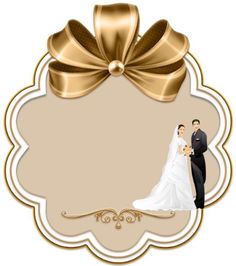 a bride and groom standing next to each other in front of a golden bow on a white background