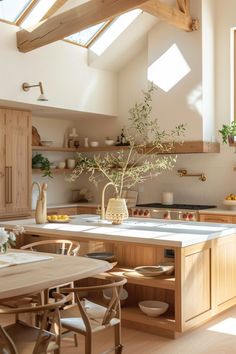 a kitchen with wooden cabinets and an island in front of the counter top, has a potted plant on it