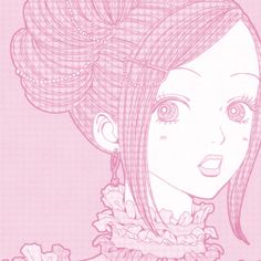 a drawing of a girl with long hair and big eyes, wearing a pink dress