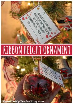 a christmas ornament that is hanging from a tree with the words ribbon height ornament on it