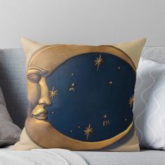 a painting of a man's face on the moon with stars around it throw pillow