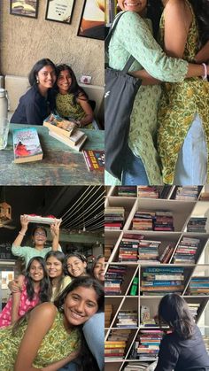 two women hugging each other in front of bookshelves and pictures on the wall