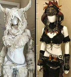 Use this picture for inspiration! Who are the people wearing these? Warriors? Goddesses? Princesses? Queens? Witches? Assassins? What are they to each other? Rivals? Enemies? Sisters? Best friends? Allies? Is one related to fire/heat and the other... Antique Grunge, Oc Inspo, Post Apocalyptic, Burning Man, Character Outfits