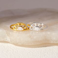 Handcrafted using hypoallergenic sterling silver and 18k gold plating, each piece in our Demi-Fine Collection is artisan-made and unique. Treat yourself or someone special to a keepsake that will live on and look stunning.  A beautiful reminder of the limitless potential of a new day, the Daybreak Ring is curved with d Demi Fine Jewelry, Natural Shapes, New Day, Ring Designs, Band Rings, 18k Gold, Gold Plate, Ring Size, Fine Jewelry