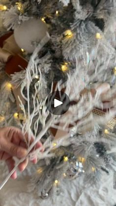 someone is decorating a christmas tree with white lights