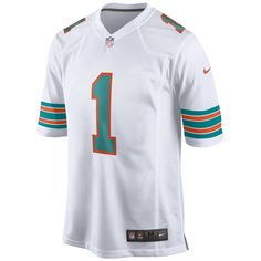 When Tua Tagovailoa is on the field, opposing teams take notice, so showcase your admiration of one of the top players in the NFL with this exclusive Miami Dolphins Game jersey from Nike. Complete with mesh panels for extra breathability, this jersey replicates the authentic one that Tua Tagovailoa wears every Sunday, giving you the perfect piece of gear for every Miami Dolphins game this season. Nike Game Jersey Color Style: Alternate Officially licensed Screen print name, numbers and team deta Nike Football Season Sports Jersey, Nike White Jersey With Team Name, White Nike Jersey For Sports Events, White Nike Jersey For Fan Gear, Nike White Jersey For Fan Gear, White Sports Tops With Team Logo, Nike Tops For Football Season Sports Events, Nike Tops For Football Season, White Sportswear Top For Game Day