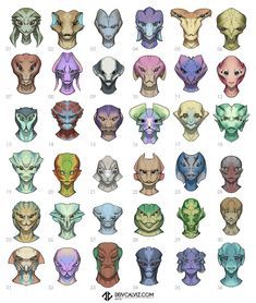 an image of various alien heads in different colors and sizes, with the numbers on each side