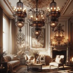 a living room filled with furniture and a chandelier hanging over it's fireplace