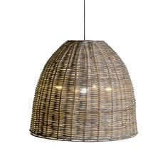 a light that is made out of wicker and hanging from a ceiling lamp fixture