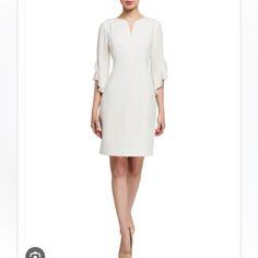 Brand New, Unworn, In Perfect Condition Elie Tahari Natanya V-Neck Ruffle-Sleeve Knee Length Sheath Dress, Size 16, In Color Fresh Pearl (White). Msrp $398, Purchased At Bergdorf Goodman. Dress Has Not Been Used Or Worn, Has No Stains, No Marks Or Imperfections. Comes From A Pet-Free And Smoke- Free Home. Elegant White V-neck Dress With Ruffles, White Pleated Sleeve Work Dress, White Pleated Sleeve Dress For Work, V-neck Dress With Draped Sleeves For Work, Elegant Fitted V-neck Dress With Flutter Sleeves, Elegant V-neck Dress With Flutter Sleeves, Spring Office Sheath V-neck Dress, Spring Sheath V-neck Dress For Office, White Pleated Sleeve Formal Dress