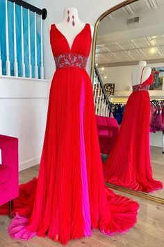 Weitese Prom Dress Store Trendy Red Deep V-neck A-Line Chiffon Pleated – Weitese Dress