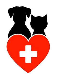 two dogs and a cat sitting on top of a heart with a cross in the middle