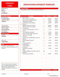 a red and white business plan with the words renovation estmatee template on it