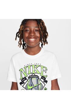 Champion graphics bring big Nike energy to a T-shirt made for kids who like to play and win in the comfort of soft, breathable cotton. 100% cotton Machine wash, dry flat Imported Nike Green Graphic Print T-shirt, White T-shirt With Front Print For Sports Events, Nike Green T-shirt With Graphic Print, Champions Graphic, Made For Kids, Nike Kids, Boys Top, Big Boys, To Play