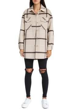 Slip-on this oversized, wool-blend shacket for the easiest, on-trend layering. 35" length (size S) Spread collar Long sleeves Button front Chest flap pockets Allover print 60% wool, 40% polyester Dry clean Imported Model stats: 5'10" height, 32" bust, 25" waist, 36" hip. Model is wearing size S Casual Button-up Wool Coat For Fall, Casual Long Sleeve Wool Coat For Fall, Casual Wool Coat For Fall, Casual Collared Wool Coat For Fall, Casual Oversized Wool Coat, Wool Shacket With Pockets For Fall, Fall Wool Shacket With Pockets, Plaid Long Sleeve Wool Coat For Fall, Long Sleeve Plaid Wool Coat For Fall