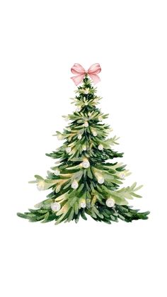 a watercolor painting of a christmas tree with pink bows on it's top