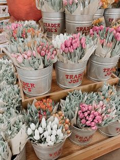 several buckets filled with different types of flowers