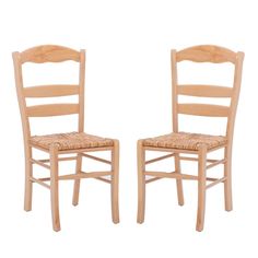 two wooden chairs sitting next to each other