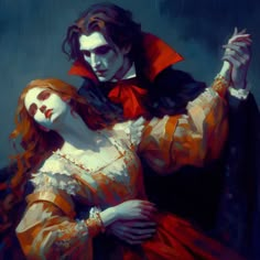 a painting of two people dressed as dracula and the woman in red is holding her hand up