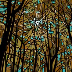 a stained glass window with trees in the background