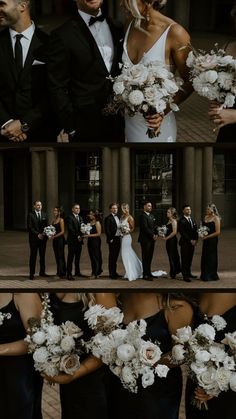 the bride and grooms are posing for pictures with their bouquets in front of them