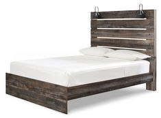 a wooden bed frame with white sheets and pillows on the bottom, against a white background