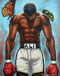 a painting of a man wearing boxing gloves with a butterfly on his chest and back