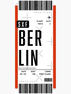 an airline ticket with the word berlin on it's front and back side, in black and white