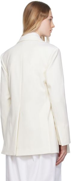 Stretch wool- and polyester-blend twill blazer. · Asymmetrical construction · Peaked lapel · Gathering at offset button closure · Welt pocket at chest · Flap pockets · Padded shoulders · Central vent at back hem · Full polyester sateen lining · Faux-pearl hardware Supplier color: White Chic White Outerwear With Pressed Crease, White Structured Blazer With Concealed Placket, White Notch Lapel Blazer With Concealed Placket, White Notched Blazer For Office, Chic Asymmetrical Blazer For Office, White Blazer With Concealed Placket And Lapel Collar, White Structured Single-button Blazer, White Business Blazer With Concealed Placket, Elegant Asymmetrical Blazer For Business