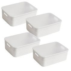 three white plastic storage containers with lids on each side and one in the middle, set against a white background