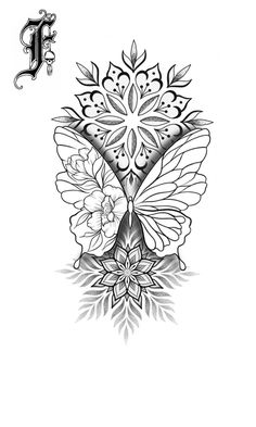 the back side of a tattoo design with flowers and leaves on it, in black and white